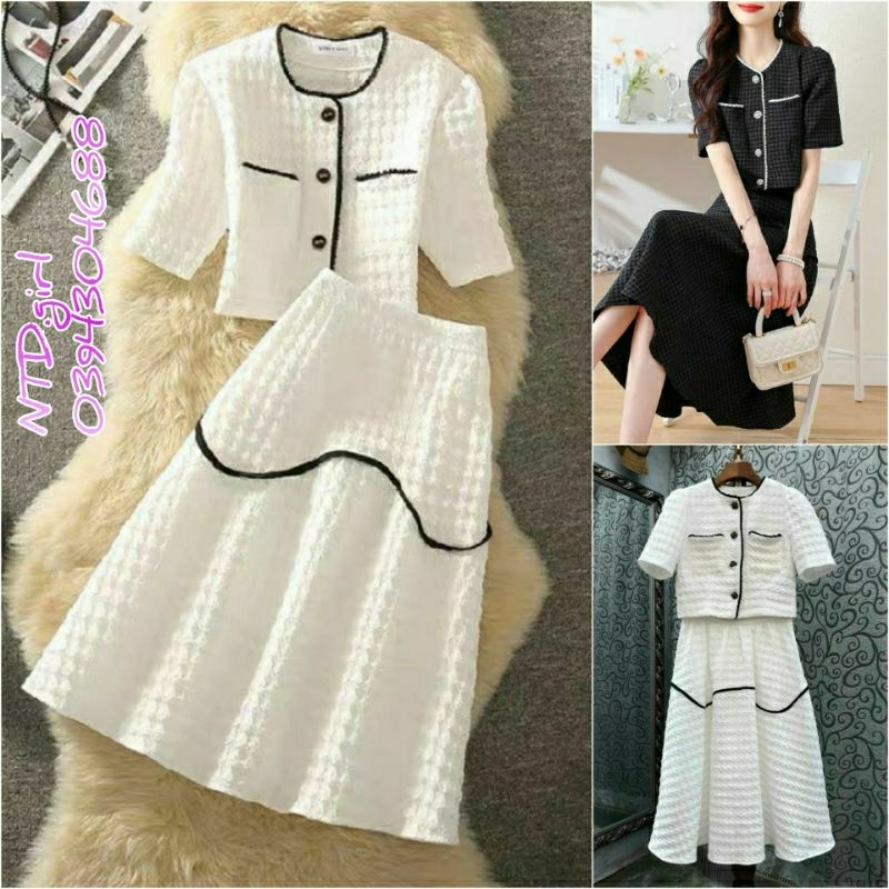 Hàng nhập - Set bộ nữ áo váy croptop phối viền, sét đồ thun xốp cổ tròn cài nút