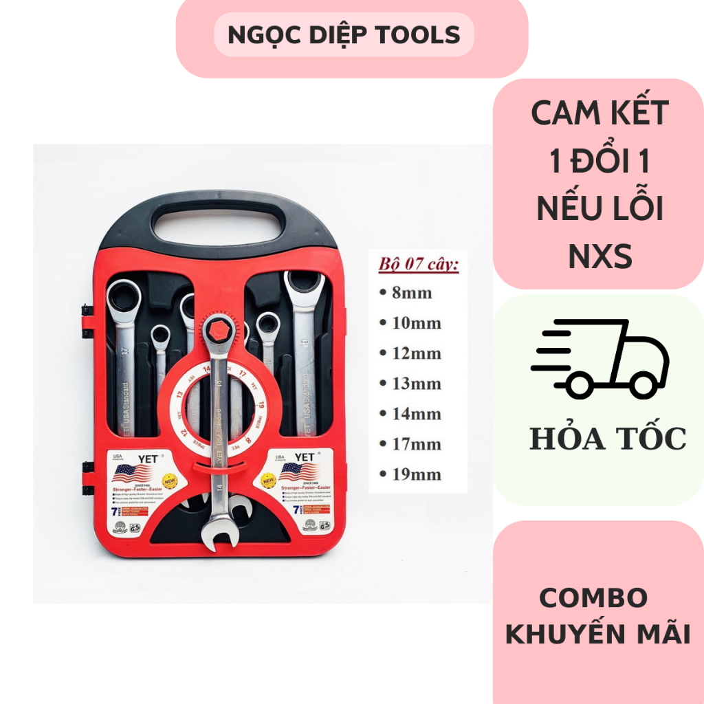 Bộ chìa khóa vòng miệng tự lắc Yeti (7 cây cờ lê 8-10-12-13-14-17-19mm)