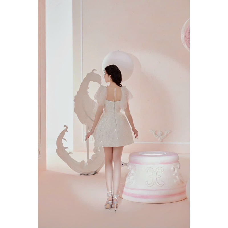 MS1508V ĐẦM TAY DÚN NƠ VAI ( kèm ảnh và video shop tự quay 10000%)