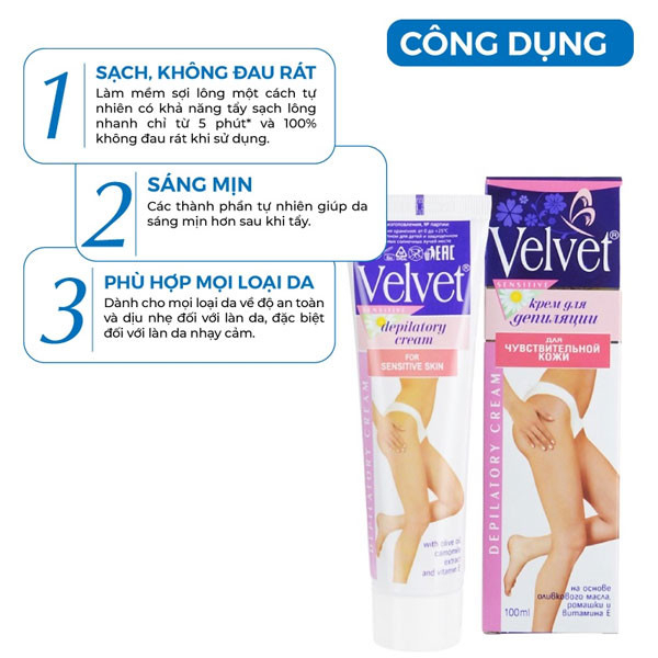 Kem tẩy lông velvet Sensitive Nga 100ml , kem tẩy lông sạch tận gốc trong 1 lần dùng [Hàng chuẩn như shop Mall]