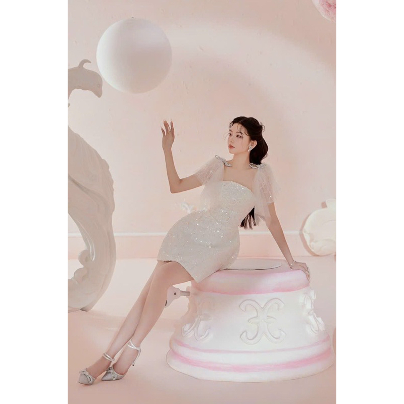 MS1508V ĐẦM TAY DÚN NƠ VAI ( kèm ảnh và video shop tự quay 10000%)