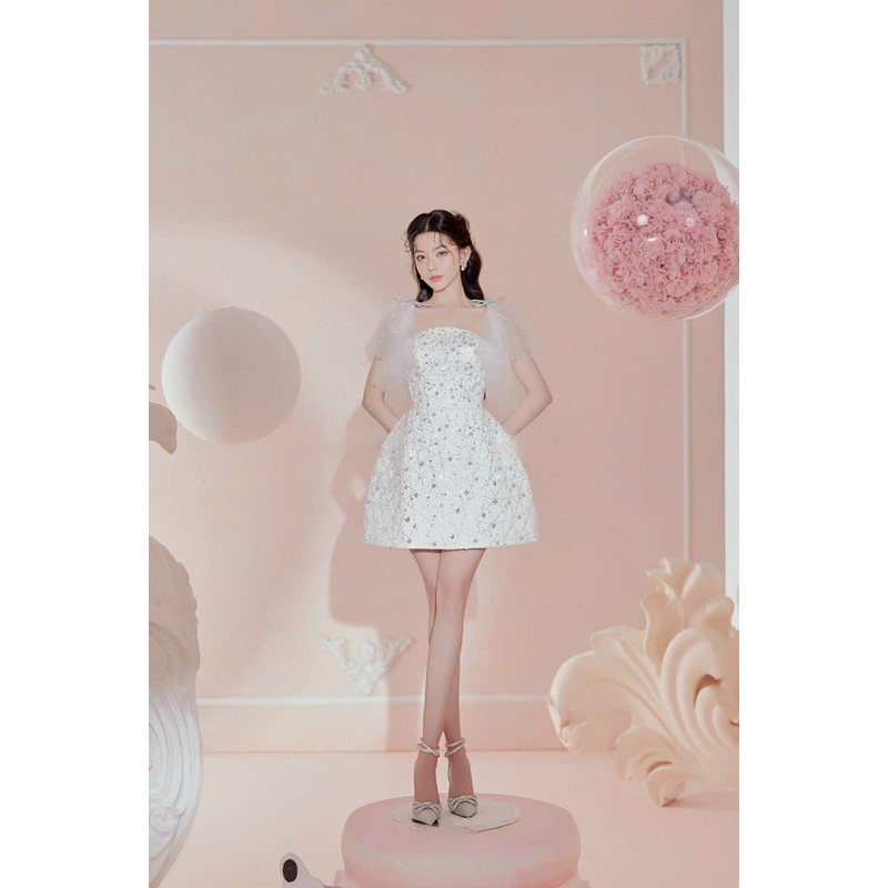 MS1508V ĐẦM TAY DÚN NƠ VAI ( kèm ảnh và video shop tự quay 10000%)