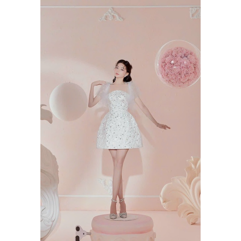 MS1508V ĐẦM TAY DÚN NƠ VAI ( kèm ảnh và video shop tự quay 10000%)