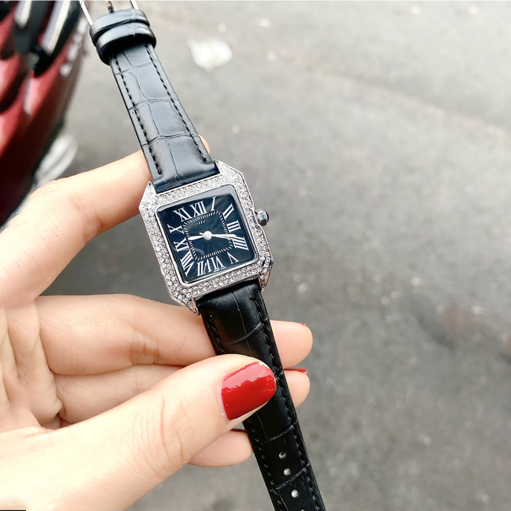 Đồng hồ cartier nữ dây da mặt vuông viền đá cao cấp kiểu dáng cực đẹp