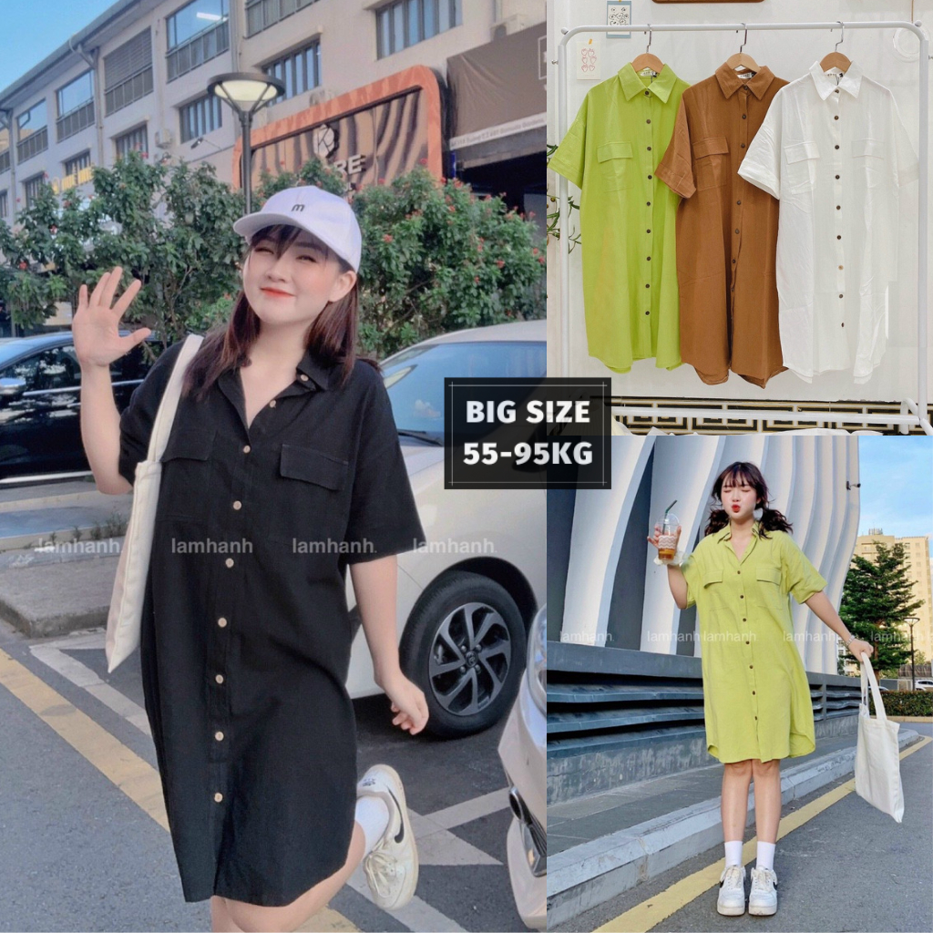 Đầm sơ mi bigsize dáng dài (55-95kg), váy bigsize dáng xuông năng động phù hợp cho nàng đi học, đi chơi, đi làm