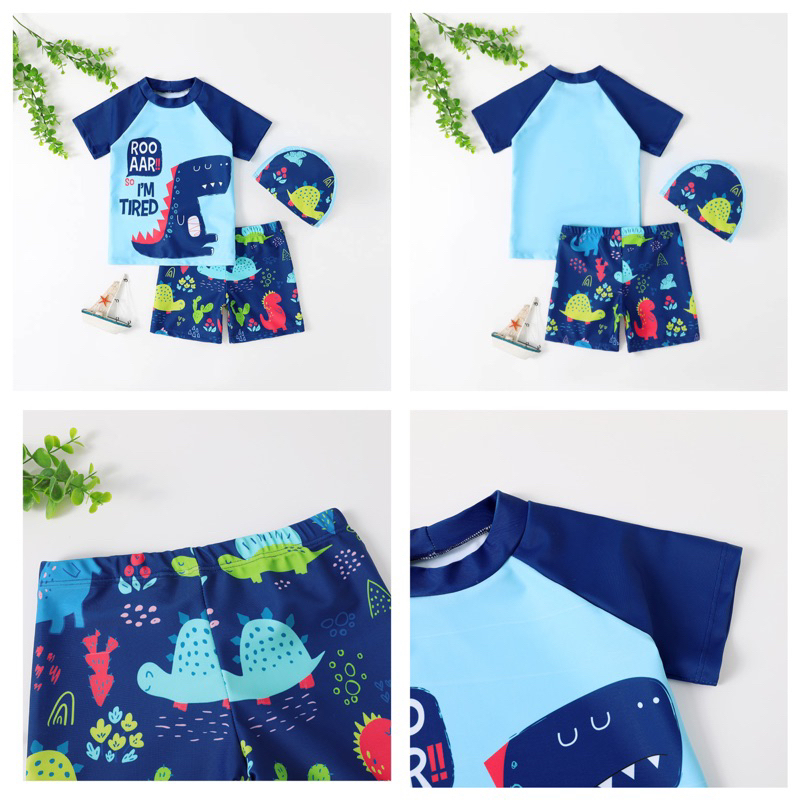 Đồ bơi trẻ em, bộ đồ bơi bé trai áo quần kèm nón hoạ tiết khủng long size từ 10kg đến 25kg