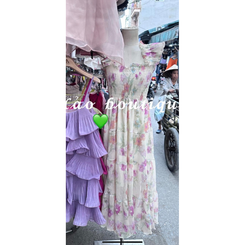 Váy maxi tơ nhún cánh tiên chun eo dập ly, hàng thiết kế cao cấp