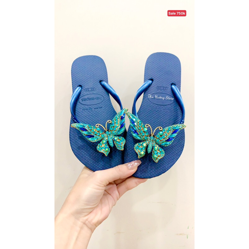 Dép Havaianas Chính Hãng Slim Xanh Navy Đính Charm Bươm' Chúa Xanh