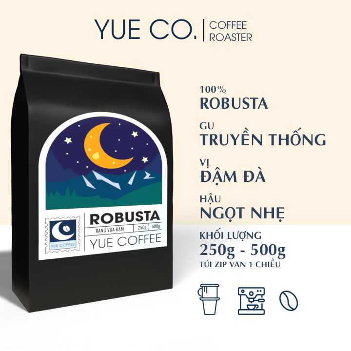 Cà phê Robusta Nguyên Chất 100% Đắng Nhẹ, Hậu Thơm Rang Mộc Yue Coffee