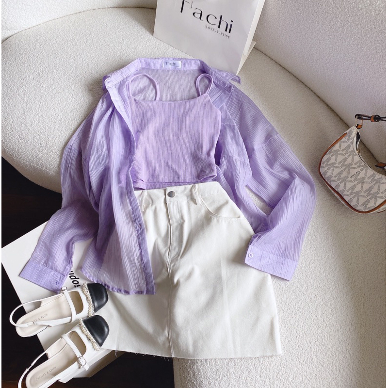 SET KHOÁC SƠ MI TÍM KÈM ÁO 2S TÍM CHÂN VÁY KAKI TRẮNG