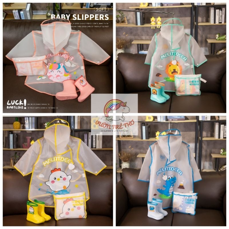 Set ủng và áo mưa cho bé combo ủng và áo mưa hoạ tiết siêu đáng yêu tặng kèm khẩu trang 5D