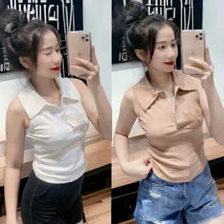 Áo thun dáng ôm nữ cổ bẻ sát nách phối cúc ( mã A.H )