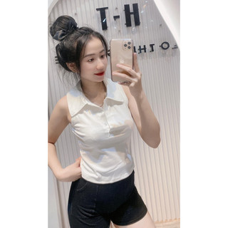 Áo thun dáng ôm nữ cổ bẻ sát nách phối cúc ( mã A.H )