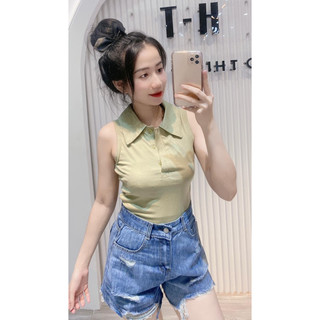 Áo thun dáng ôm nữ cổ bẻ sát nách phối cúc ( mã A.H )