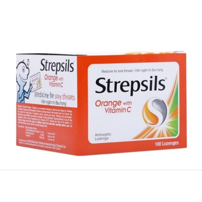 Viên Ngậm GIẢM Đau Rát Họng Strepsils Orange With Vitamin C (H/50g/2v) Vị Cam.