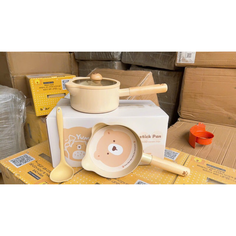 Bộ nồi chảo gấu chống dính cho bé, nồi chống dính bếp từ, quấy cháo cho bé ăn dặm