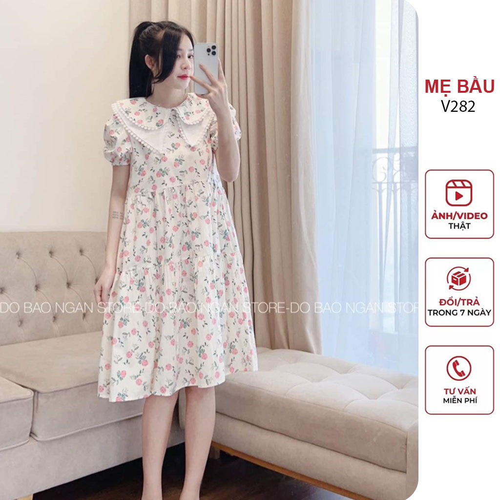 ĐẦM VÁY BẦU CÔNG SỞ MÙA HÈ CỔ SƠ MI PHỐI HOA NHÍ ĐẸP - ĐẦM BẦU BABYDOLL THỜI TRANG THIẾT KẾ CỰC XINH FREESIZE