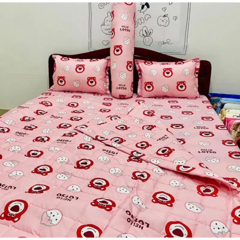 Set ga gối gấu dâu m2,m4,m6,m8,2m2 siêu xinh có đủ chăn hè và chăn phao