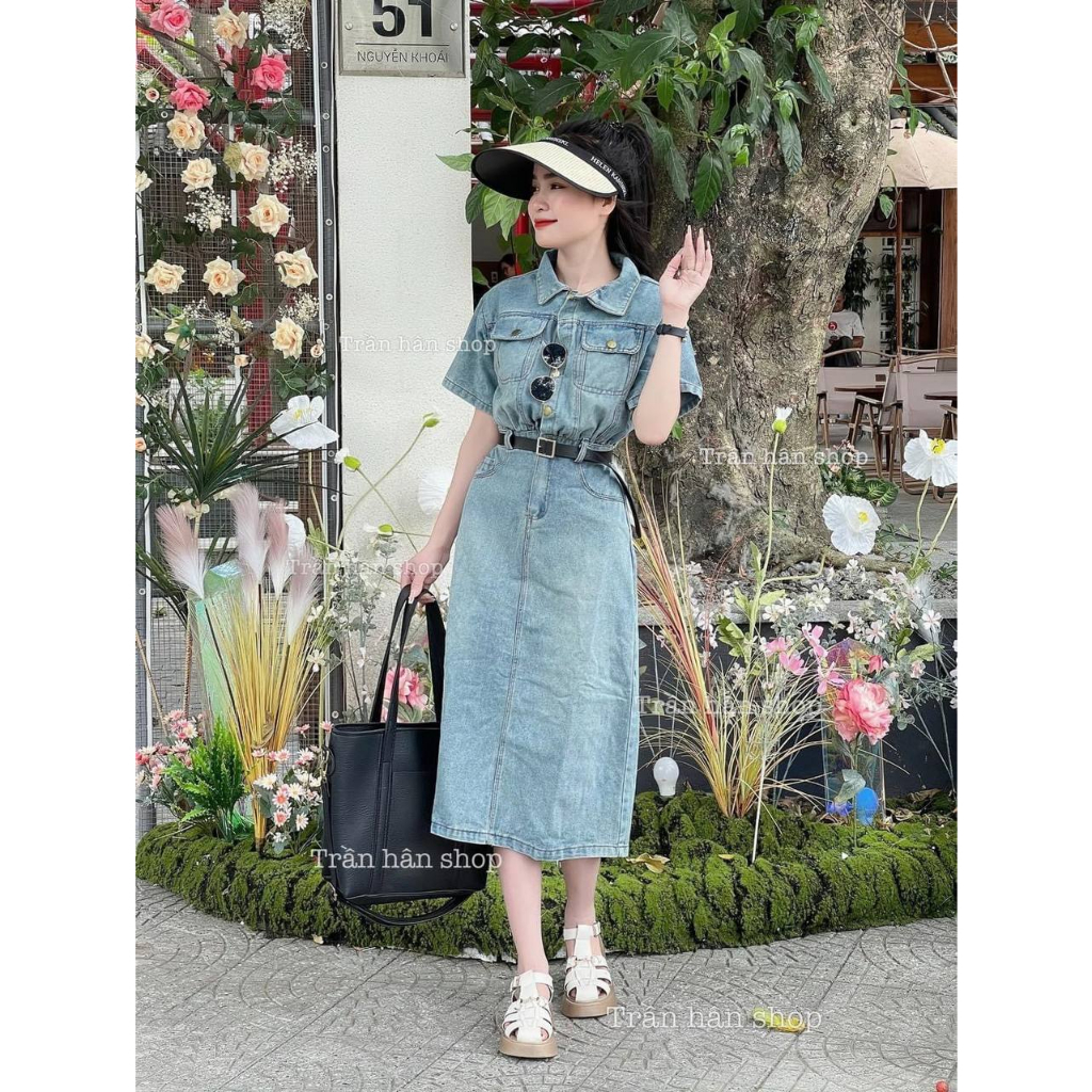 Váy bò cổ sơ mi kèm đai hàng quảng châu siêu đẹp - Đầm jean dáng dài nữ
