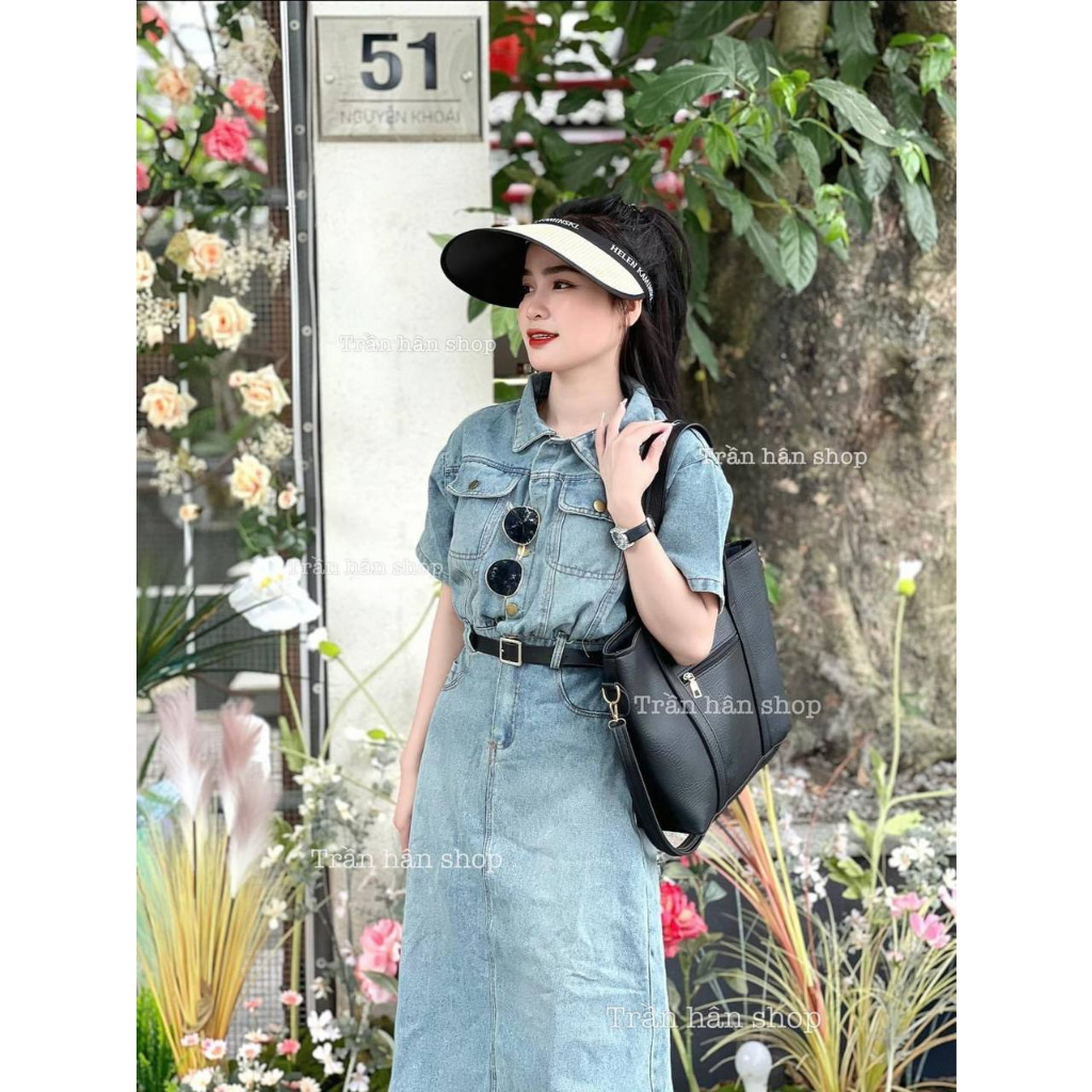 Váy bò cổ sơ mi kèm đai hàng quảng châu siêu đẹp - Đầm jean dáng dài nữ