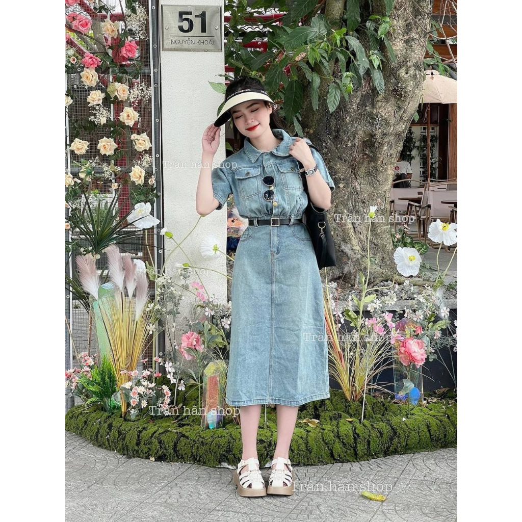 Váy bò cổ sơ mi kèm đai hàng quảng châu siêu đẹp - Đầm jean dáng dài nữ