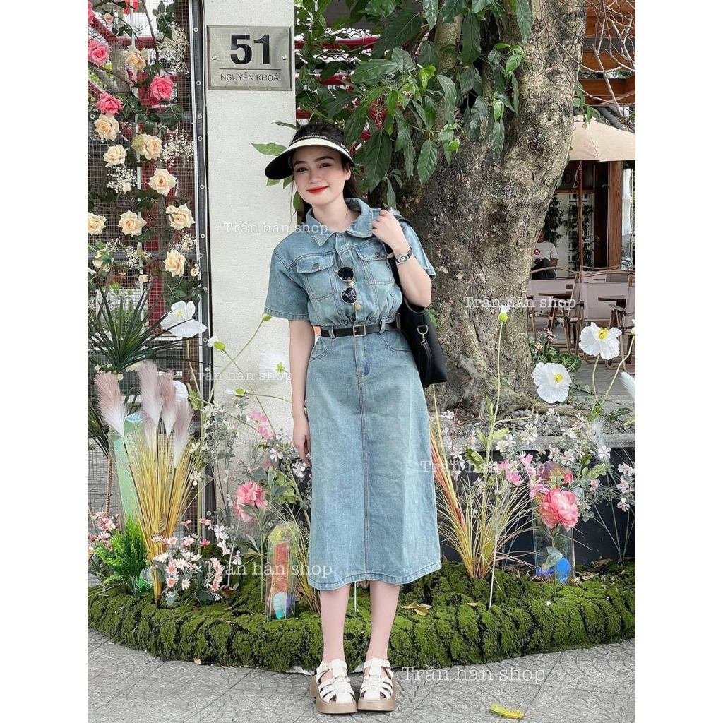 Váy bò cổ sơ mi kèm đai hàng quảng châu siêu đẹp - Đầm jean dáng dài nữ