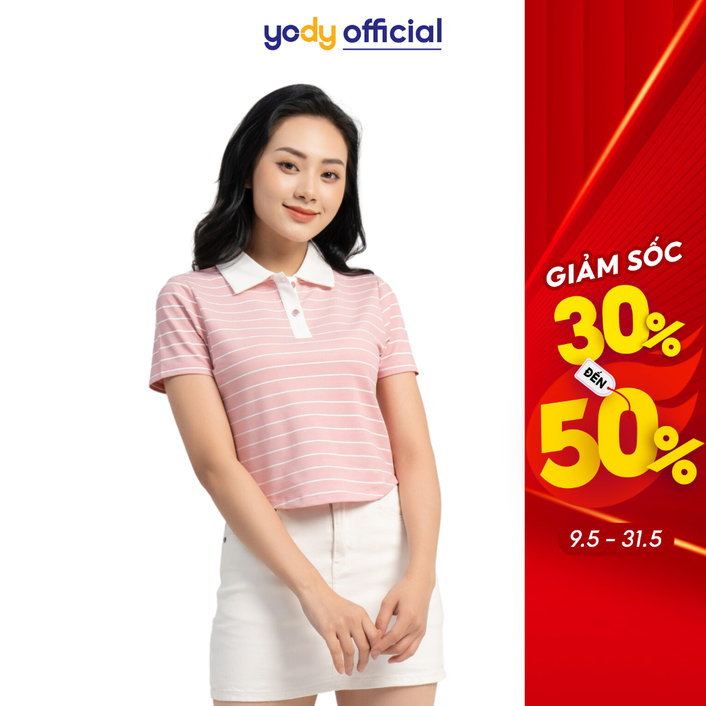 Áo crotop nữ YODY áo polo cổ bẻ vải mắt chim in kẻ ngang, dáng crotop APN5444