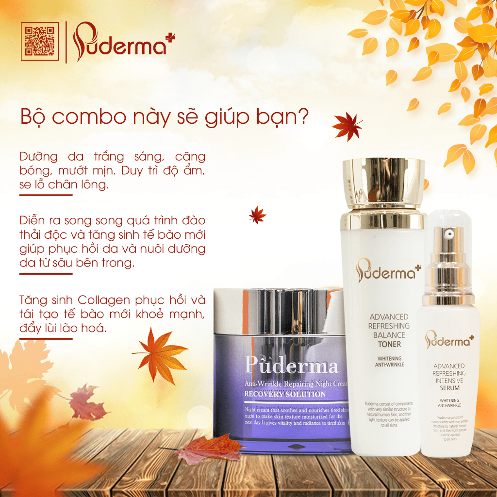 Bộ sản phẩm dưỡng da chuyên sâu Kem đêm Puderma 50ml + Toner Puderma 130ml + Serum Puderma 60ml