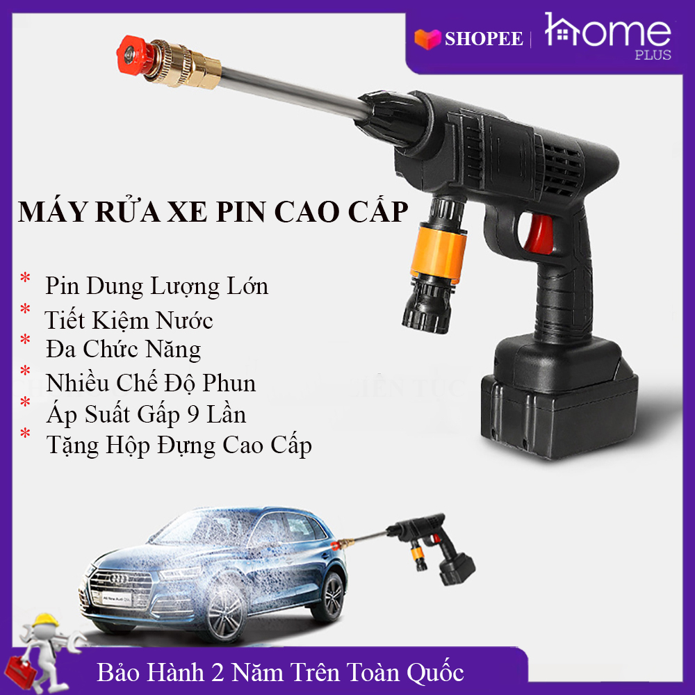 Máy rửa xe cầm tay dùng pin cao cấp. Máy xịt rửa xe mini cao áp, máy xịt rửa nhà cửa sân vườn kèm 2 đầu phun thay thế.