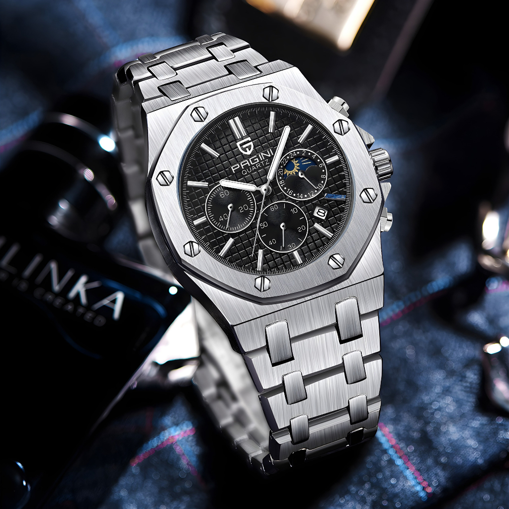 Đồng Hồ - Đồng Hồ Nam Pagini PA5523 Máy Pin Kim Dạ Quang - Chạy 6 Kim  - Dây Thép Đúc Cao Cấp
