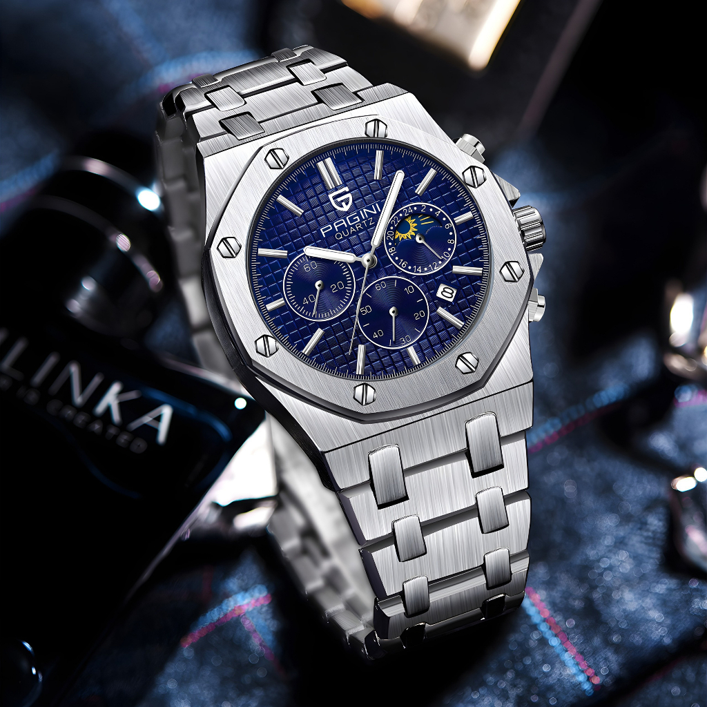Đồng Hồ - Đồng Hồ Nam Pagini PA5523 Máy Pin Kim Dạ Quang - Chạy 6 Kim  - Dây Thép Đúc Cao Cấp