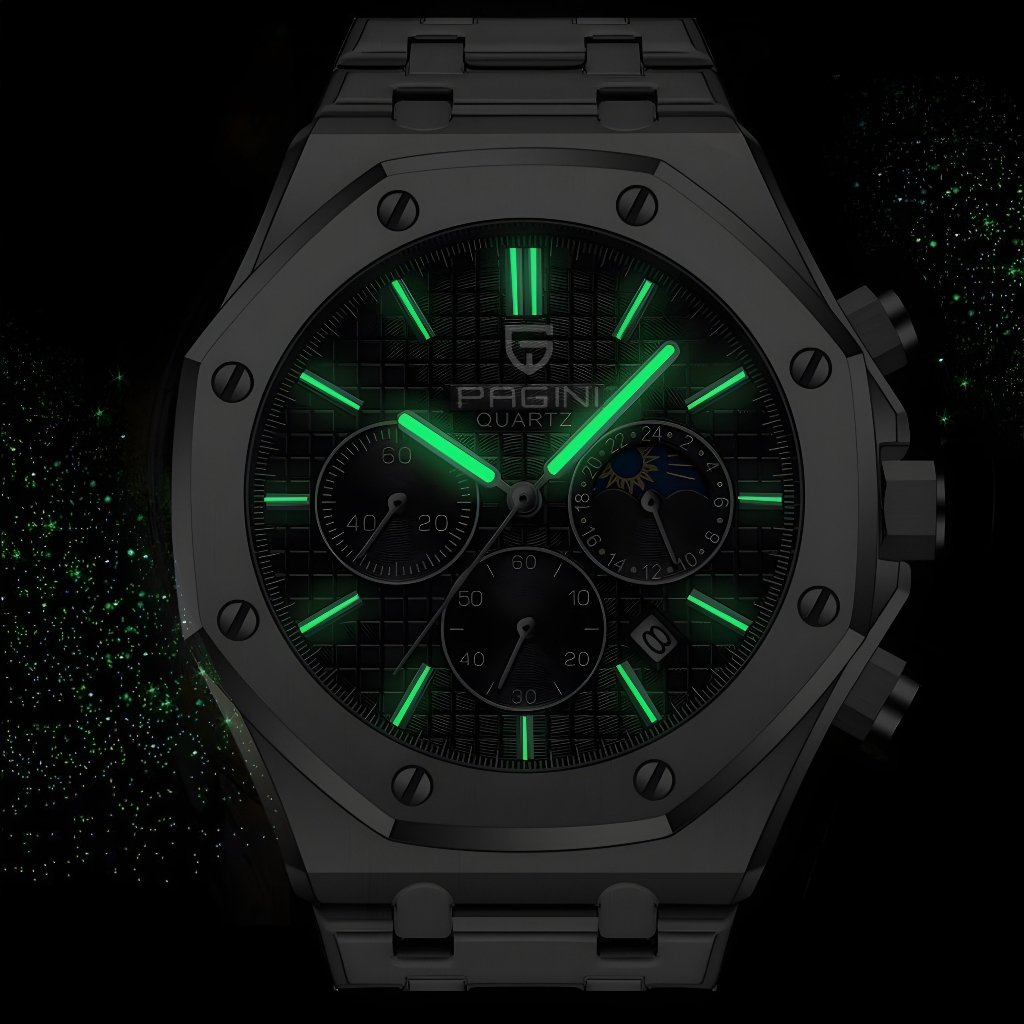 Đồng Hồ - Đồng Hồ Nam Pagini PA5523 Máy Pin Kim Dạ Quang - Chạy 6 Kim  - Dây Thép Đúc Cao Cấp