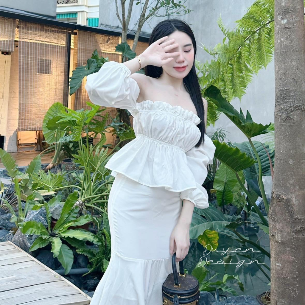 Set đồ nữ sang chảnh đi chơi đi biển du lịch áo trễ vai chun ngực thân xòe phối chân váy dáng dài đuôi cá trắng LEVAN