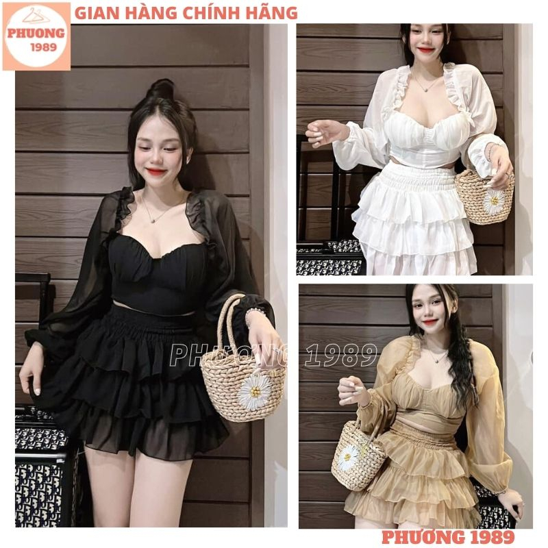 Set áo voan dài tay cổ bèo chân váy tầng xếp ly điệu đà, Bộ voan croptop dài tay có mút ngực mix chân váy bo chun - 1989