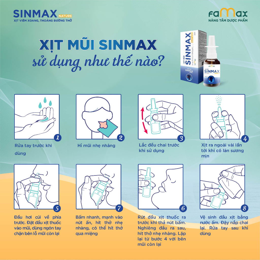 Xịt xoang mũi, sổ mũi, nghẹt mũi Sinmax Nature lọ 20ml hỗ trợ giảm nhanh