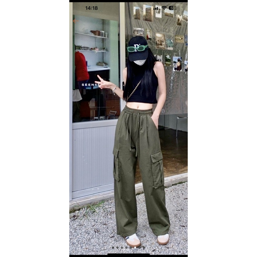 Quần suông kaki túi hộp cạp chun phong cách Retro hàng loại 1