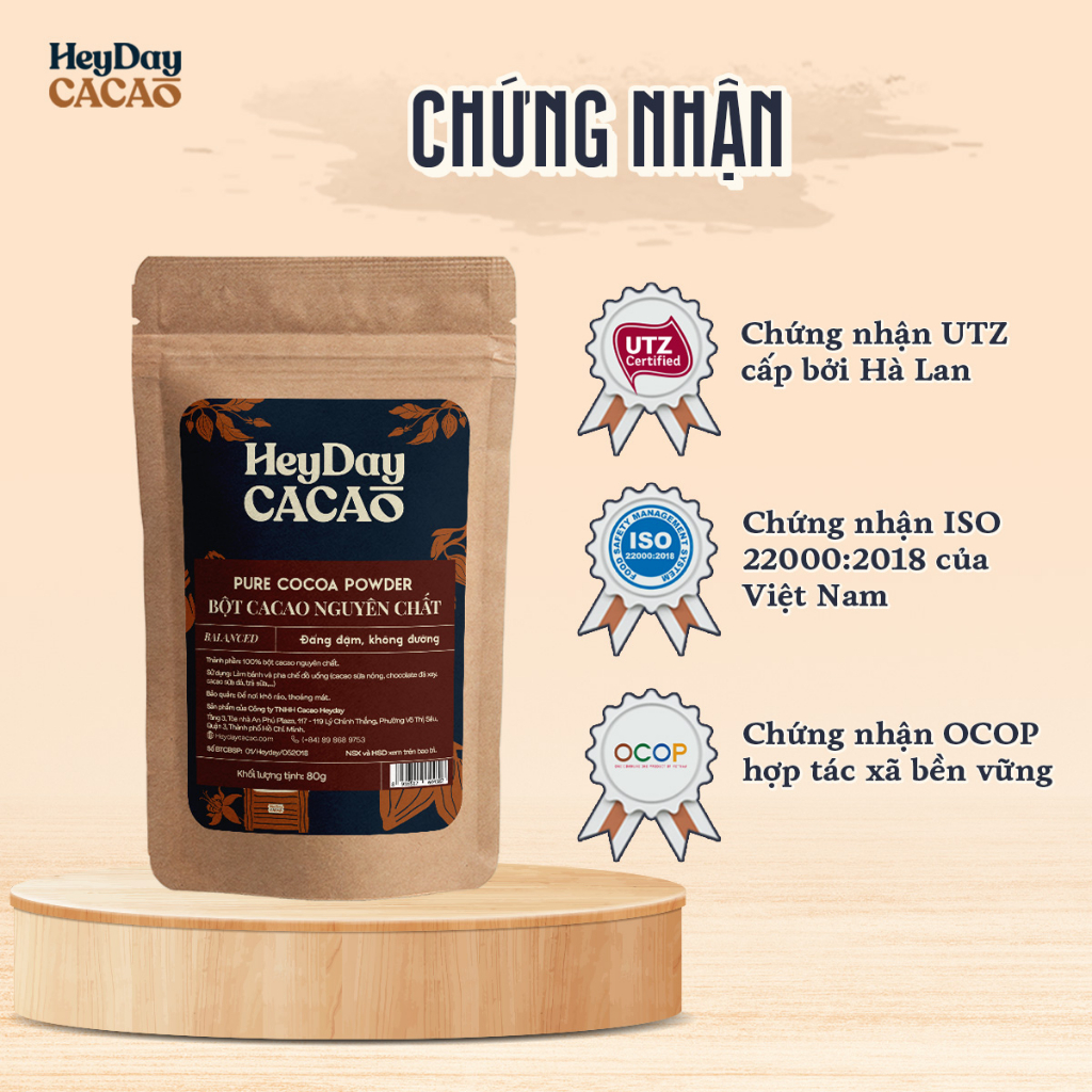 Combo Túi 80g Bột cacao nguyên chất Balanced và 1 gói cacao sữa dừa tiện lợi Heyday