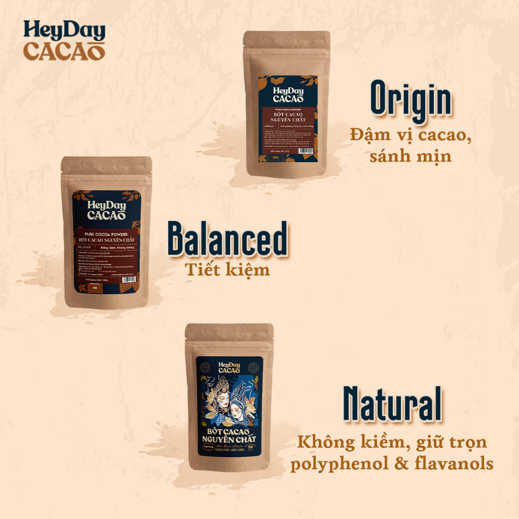 Bột cacao nguyên chất HEYDAY - Combo dòng Origin thượng hạng Túi 50g và dòng Balanced phố thông Túi 80g