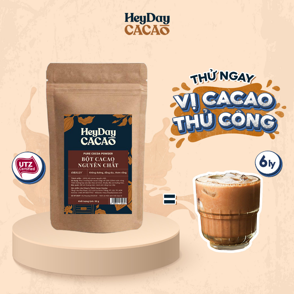 Túi 50g Bột cacao nguyên chất 100% không đường Heyday - Dòng Origin thượng hạng - Chuẩn UTZ Quốc Tế