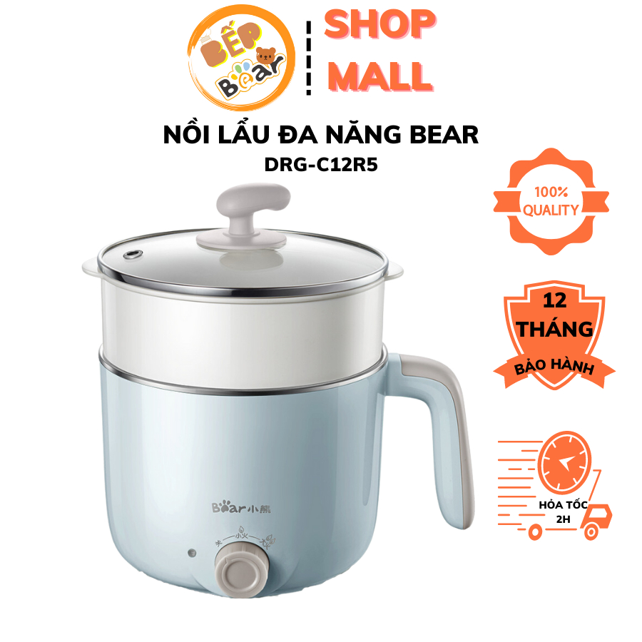 Nồi lẩu hấp điện 2 tầng đa năng Bear DRG-C12R5 dung tích 1.2L chất liệu an toàn chịu nhiệt lõi thép không gỉ Tuli Store