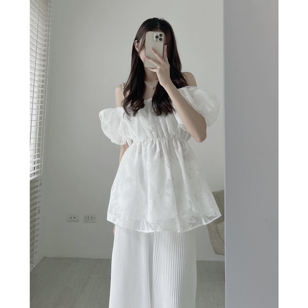 Áo trễ vai tay phồng HAVU SHOP in hoa nổi siêu hot, Áo trễn vai chun ngực dáng xòe