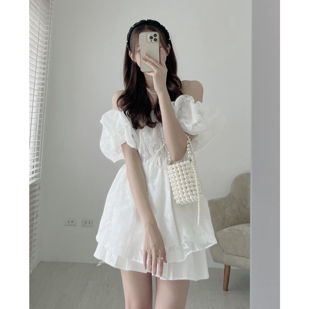 Áo trễ vai tay phồng HAVU SHOP in hoa nổi siêu hot, Áo trễn vai chun ngực dáng xòe