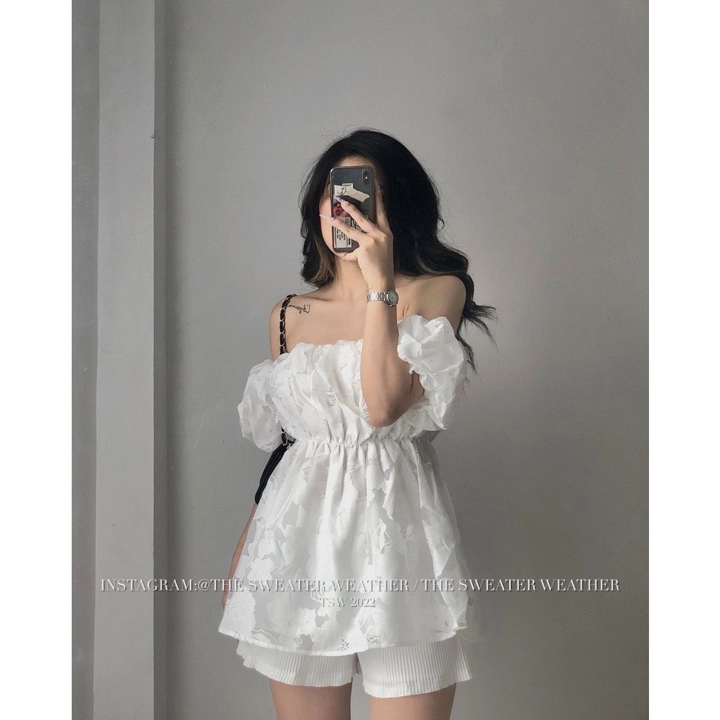 Áo trễ vai tay phồng HAVU SHOP in hoa nổi siêu hot, Áo trễn vai chun ngực dáng xòe