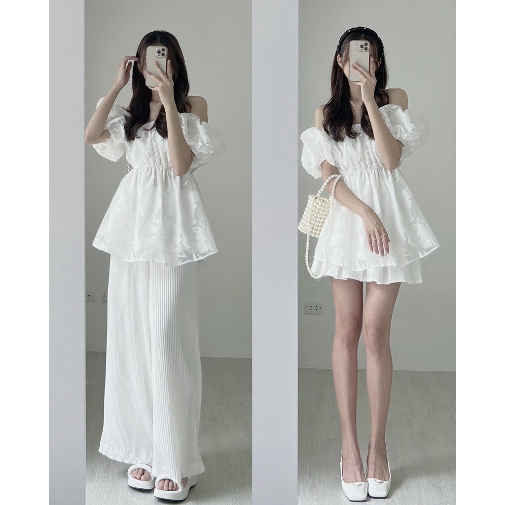 Áo trễ vai tay phồng HAVU SHOP in hoa nổi siêu hot, Áo trễn vai chun ngực dáng xòe