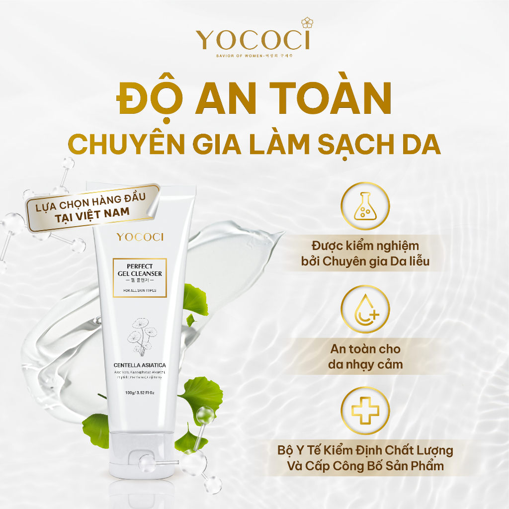 Sữa rửa mặt dạng gel Yococi làm sạch thoáng mịn, giảm mụn sáng da, cấp ẩm, lành tính Perfect Gel Cleanser 100g