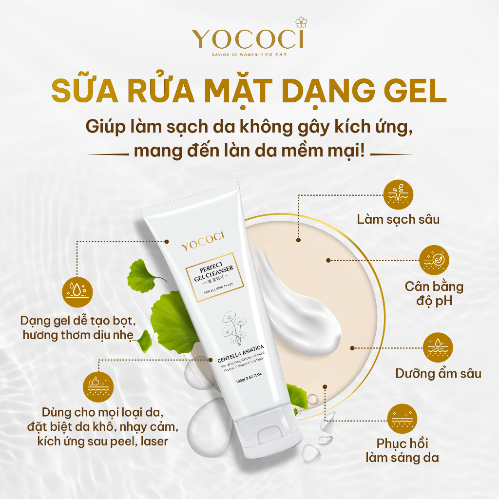 Sữa rửa mặt dạng gel Yococi làm sạch thoáng mịn, giảm mụn sáng da, cấp ẩm, lành tính Perfect Gel Cleanser 100g