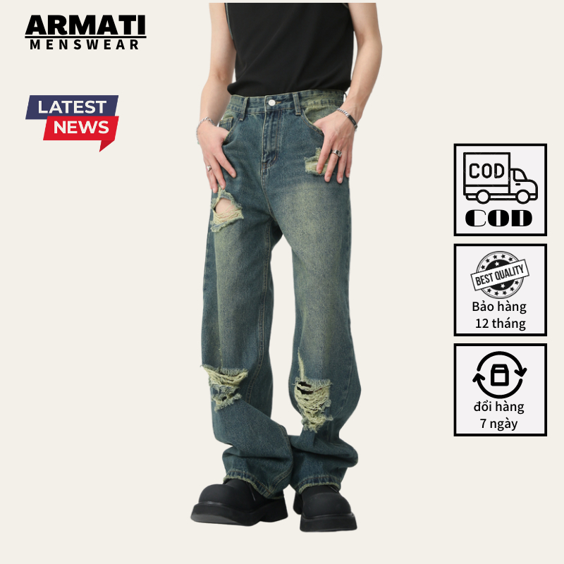 quần jean nam rách gối ống rộng hiphop quần jean nam ống rộng màu bạc rêu rách style hàn quốc 2023