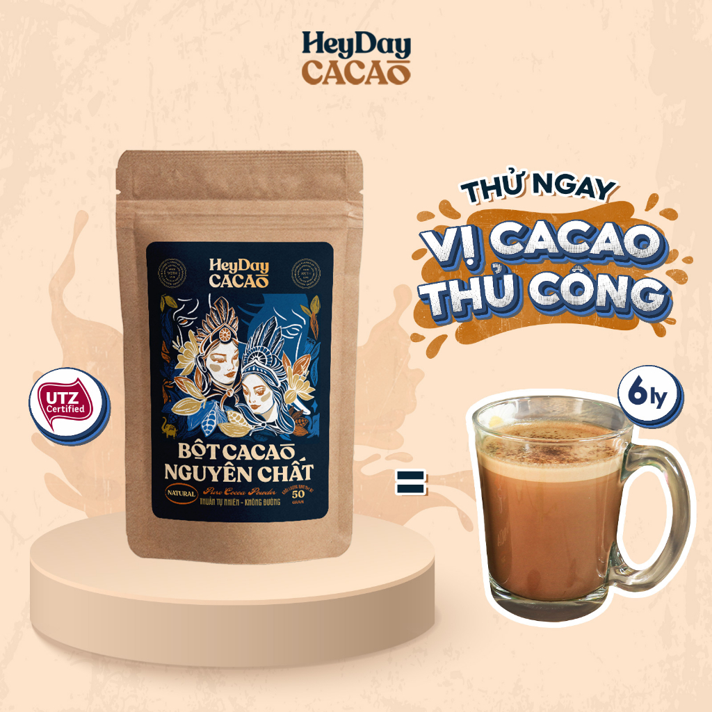 Bột Cacao Nguyên Chất 100% dòng Natural - Thuần tự nhiên, Không đường - Túi 50g - BSP Thật - Heyday Cacao