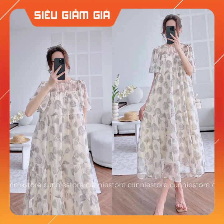 Váy Bầu hoa von -hàng 2 lớp - đầm bầu dáng xuông dài- phù hợp mặc đi chơi, đi làm, đi tiệc- freesize 43-68kg