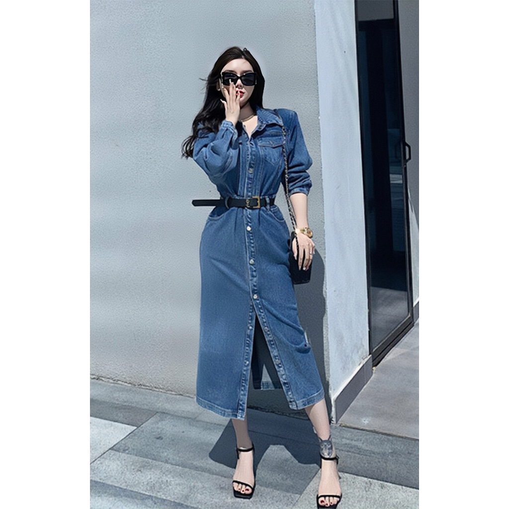 Váy jean body ALY dáng dài cúc bấm cá tính chất liệu bò co dãn